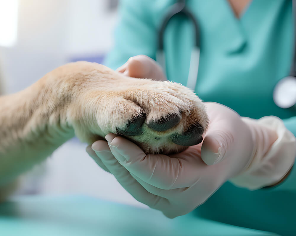 Close-up of an injured white dog receiving veterinary care