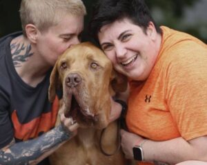 Couple kissing happy dog.