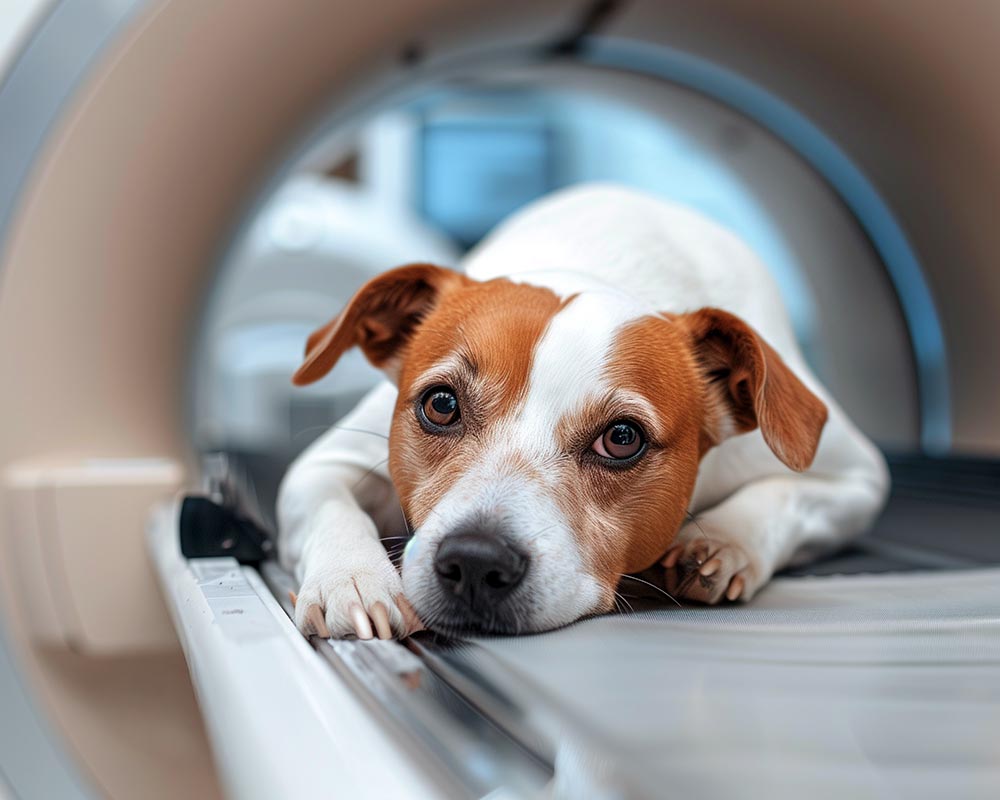 Small brown and white dog lying on a veterinary diagnostic imaging scanner table